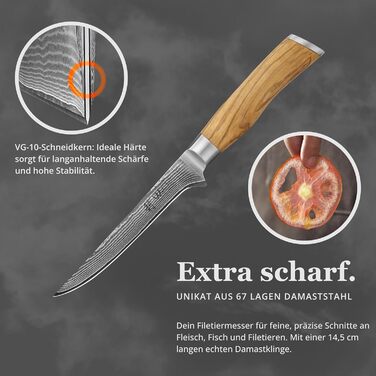Ніж кухарський Wakoli з дамаської сталі (серцевина VG10) з 20 см лезом – гострий та збалансований – ніж з ручкою з оливкового дерева в подарунковій коробці – ніж кухарський з дамаської сталі для професійних та аматорських кухарів (ніж для обробки м'яса)
