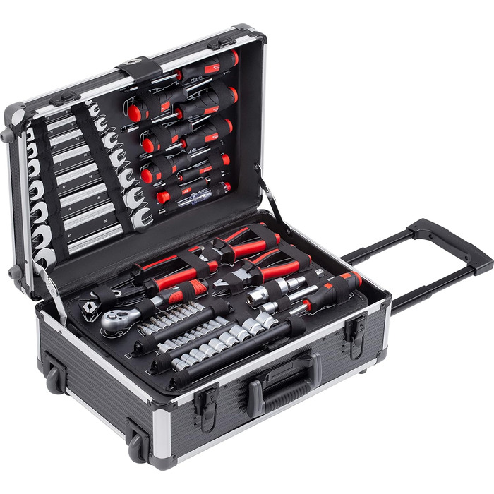 Набір інструментів Meister 156 предметів у візку на колесах з телескопічною ручкою - професійний кейс для інструментів, чорний/сріблястий, 8971440