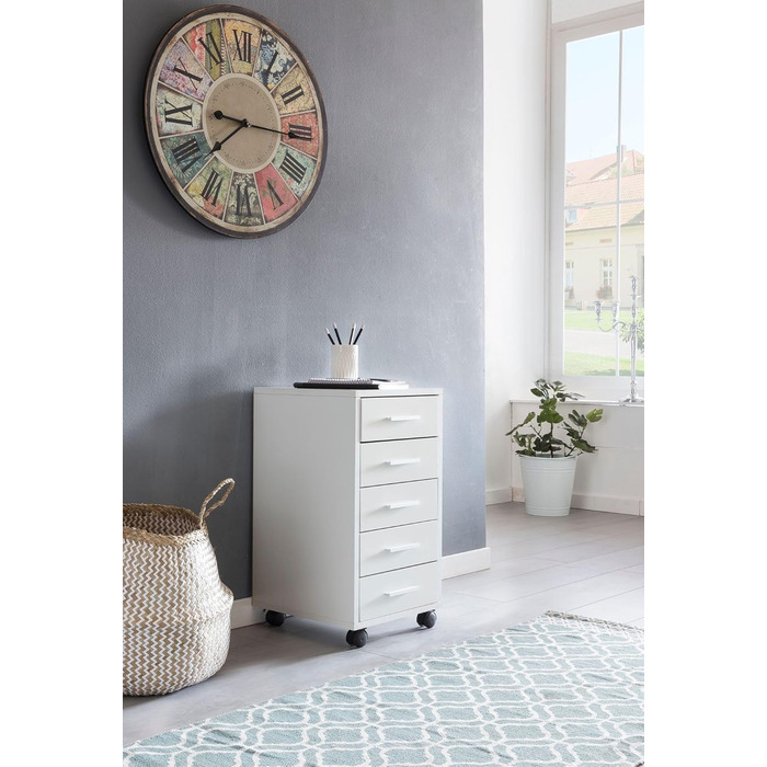 Роликовий контейнер FineBuy білий, 33 x 63 x 38 см, з 5 висувними ящиками. Шафа для офісу, письмовий стіл, домашній офіс