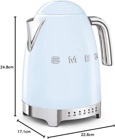 Електричний чайник Smeg KLF04PBEU 1,7L з регулюванням температури, фільтр від накипу, індикатор рівня води, 2400W, пастельно-блакитний