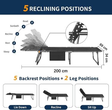 Розкладне ліжко для кемпінгу UDPATIO: зручне ліжко для відпочинку на природі, регульована спинка, з матрацом, чорний колір