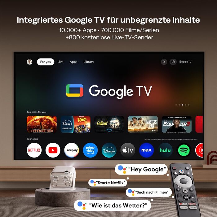 Aurzen Boom Mini 4-в-1 Smart Beamer з Google TV, 4K, проєктор для дому та на вулицю, 20W Dolby Audio, 500 ANSI, ToF автофокус, корекція трапеції, Wi-Fi/Bluetooth, підтримка смартфонів (кремовий)