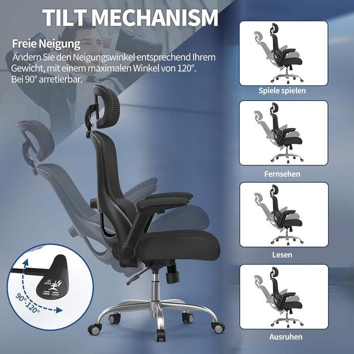 Офісне крісло TRALT Ergonomiczne: регульована підголовник, поперекова підтримка, для великих людей, сітка, 150 кг, чорний