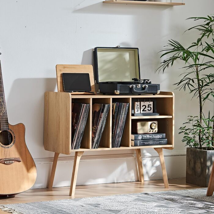 Сумка-органайзер для вінілових платівок LELELINKY: стійка з 4 полицями, вміщує до 220 платівок, з міцними дерев'яними ніжками, стиль Mid-Century, білий колір, для зберігання вінілу