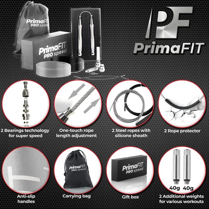 Скакалка PrimaFIT для дорослих, професійна швидкісна Скакалка для фітнесу, 3 м, Регульована з обтяженнями, 2 шарикопідшипника і протиковзкі ручки, професійний Скакалка для боксу, ММА, кроссфіта, додатковий сталевий канат, кишеньковий Срібний