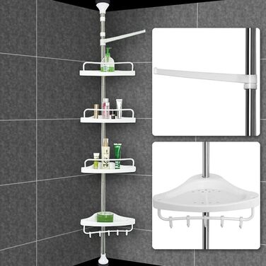 Душова полиця DEUBA з 4 полицями Телескопічна полиця для ванної кімнати з регулюванням висоти до 306 см Полиця для ванної кімнати Срібна душова кабіна