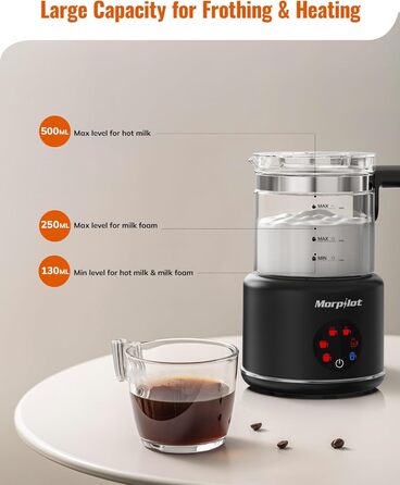 Електричний спінювач молока Morpilot 6-в-1, чорний, 130-500 мл, 600 Вт, для капучино, лате, гарячого шоколаду, миється у посудомийній машині