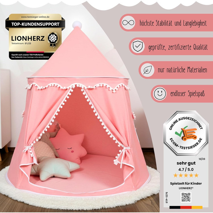 Дитячий намет LIONHERZ® DAS ORIGINAL: Принцесин замок з бавовни та льону | З фібергласовими стержнями та сумкою | Стабільний намет-тіпі для дівчаток (Кораловий рожевий, без аксесуарів)