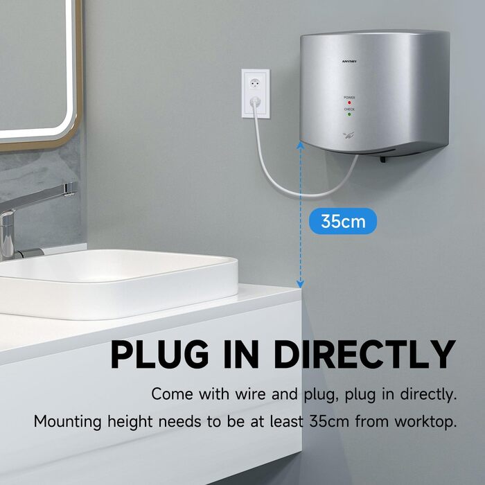 Anydry 2630S - Компактний електричний сушар для рук, автоматичний, для стін, комерційного та приватного використання. Потужність 1400-1650W (Сріблястий)