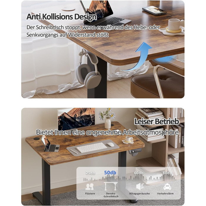 Електричний регульований стіл Devoko 120x60 см, стабільний офісний стіл, стіл для стоячи/сидячи, комп'ютерний стіл з функцією пам'яті, (Коричневий)