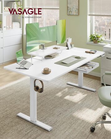 Регульований стіл VASAGLE з підставкою для монітора, шухлядою та USB-C, нагадування про перерви, 160 x 80 см, Wolkenweiß