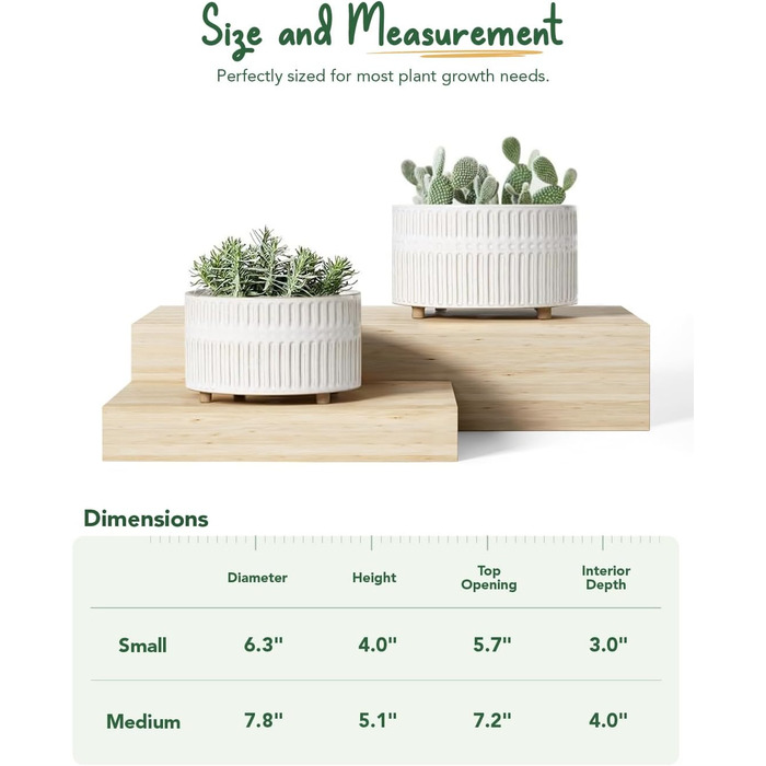 Набір горщиків для сукулентів LE TAUCI, 16,5+20 см, кераміка, з дренажними отворами, сучасний циліндричний дизайн, набір 2 шт., реактивна глазур білого кольору