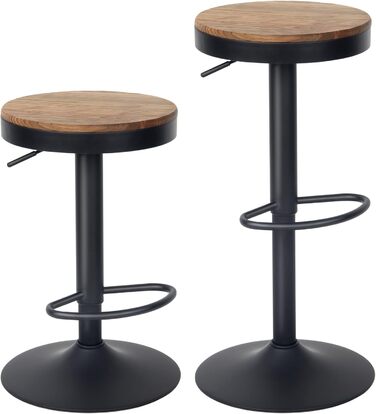 Барні стільці Kidol & Shellder 2 шт. Регульована висота, поворотні на 360°, кругла дерев'яна стільниця на металевому каркасі, чорний колір. Підходять для кухні, бару, вітальні.