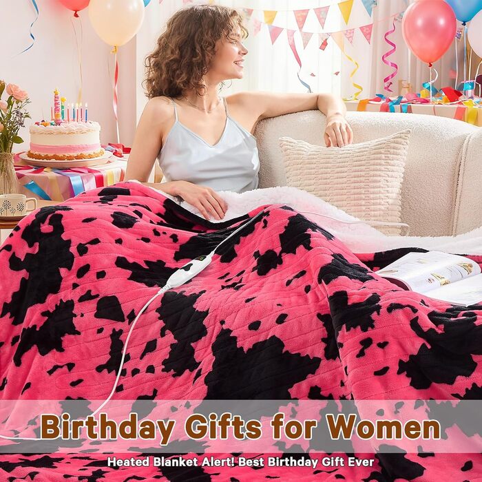 Електрична гріюча ковдра з принтом корови, повний розмір, 183 x 213 см, фіолетова, 10 режимів нагріву, автовимкнення через 8 годин, декор з гірської породи худоби, фліс, шерпа, тепла