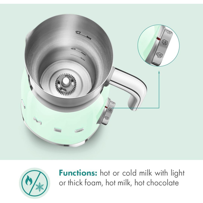 Пінсувальник молока Smeg MFF11PGEU, багатофункціональний, індукційний, 6 програм, ручний режим, скляна колба 600 мл, мірна кришка, вбудований переливання, 500W, пастельно-зелений