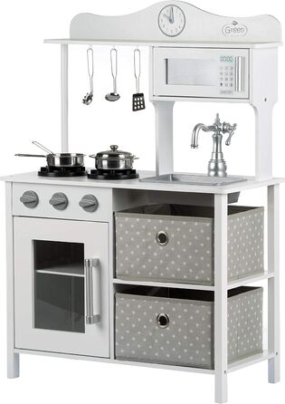 Дерев'яна дитяча кухня Kinderplay з LED та звуками приготування їжі, регульована висота 92–107 см, ігровий набір для дітей від 3 років, повний комплект з аксесуарами, світло-сірий колір (Vintage - White)
