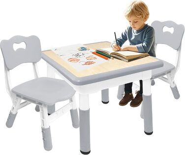 Дитячий стіл зі стільцями, 80x60 см, регульована висота, комплект для дитячого садка, ідеальний для ігор, малювання та ліплення. Легко миється. Підходить для дітей від 2 років (Сірий)