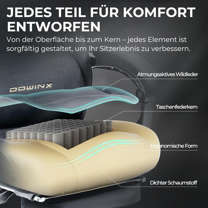 Ігрове крісло Dowinx з масажем попереку, регульованою підголівником, потовщеним сидінням, висувною підніжкою, регульованими підлокітниками, мікрофібровим велюром, нахилом 160°, темно-сіре