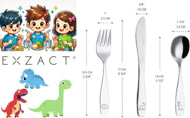 Дитячий набір столових приборів EXZACT Kinderbesteck 18 предметів з нержавіючої сталі - для дітей від 2 років - безпечні ножі, миючі в посудомийній машині, з гравіюванням (динозаври)