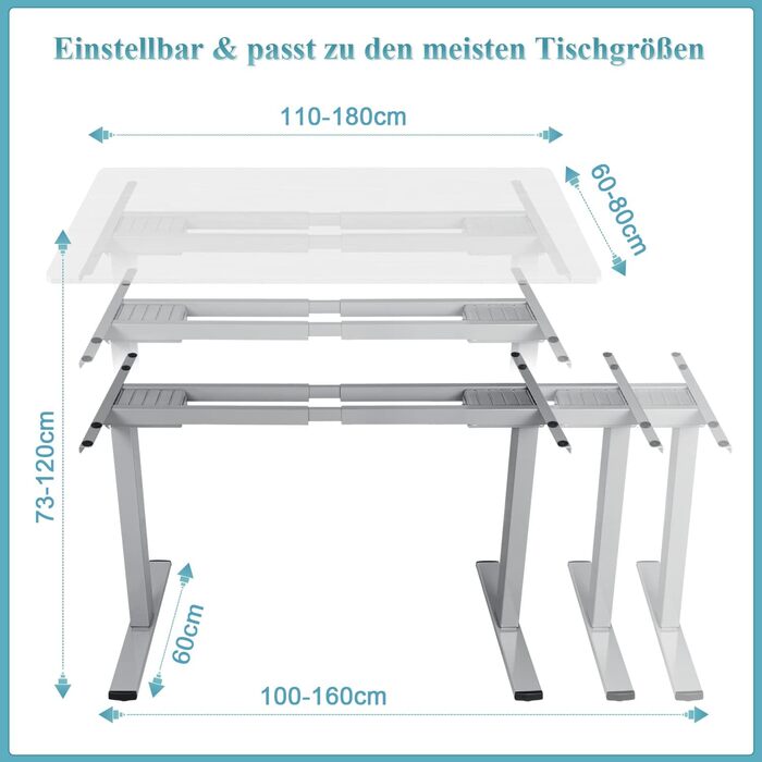 Електричний стіл Homall з регулюванням висоти, 2 мотори, підйом до 100 кг, телескопічний, пам'ять, захист від зіткнень, сірий