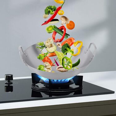 Сковорода - вок з нержавіючої сталі, домашня китайська сковорода без покриття, сковорода - вок з двома вушками (28,9 см)