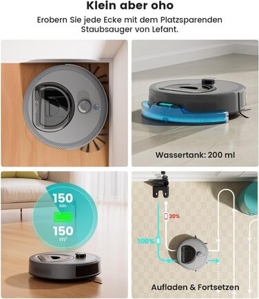 Робот-пилосос LEFANT M330 Pro з функцією миття, 5000Pa, лазерна навігація, PSD-технологія, керування через додаток, 160 хв роботи, для тварин, килимів, твердих підлог, сірий