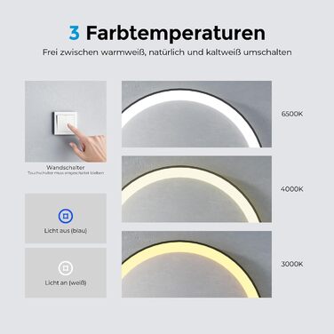 Дзеркало для ванної кімнати з підсвічуванням 60см, кругле LED дзеркало з LED-підсвічуванням, 3 кольори світла, регулювання яскравості, сенсорне управління, чорна рама, знімний монтаж 60x60 см