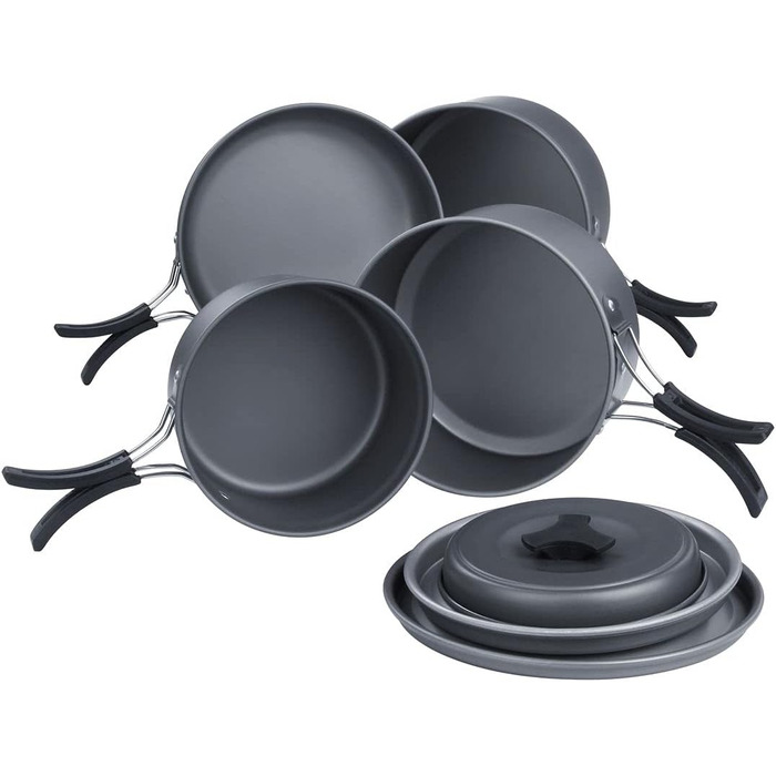 Набір посуду для кемпінгу yourGEAR Ranger V (7 предметів) - для 4-5 осіб. Алюмінієвий, з антипригарним покриттям. У сітчастому мішку.