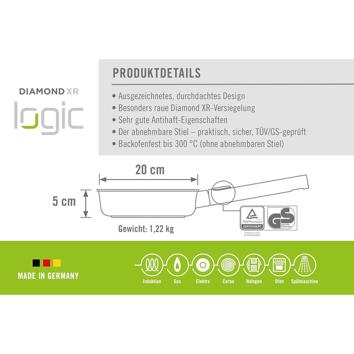 Сковорода Woll Diamond Logic XR Pro, діаметр 28 см, висота 5 см, індукційна, знімний ручка з нержавіючої сталі, антипригарне покриття, для всіх типів плит, чорна