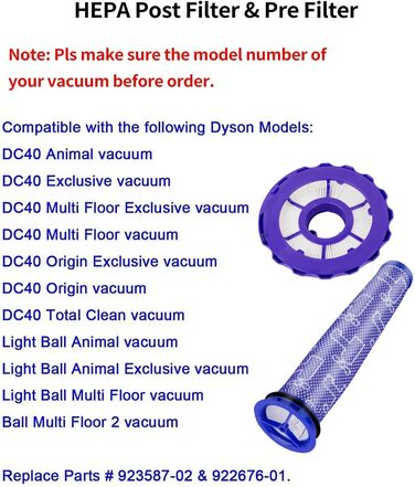 Набір змінних фільтрів Dyson DC40, сумісний з тваринами/кількома поверхами/походженням, частина 923587-02 і 922676-01