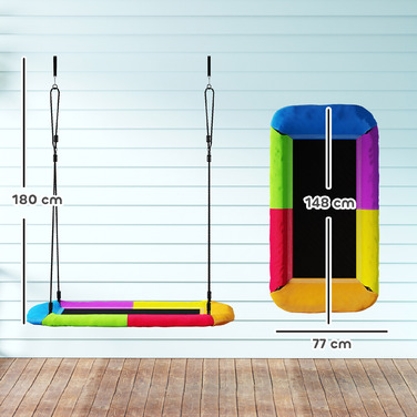 Дитяча гойдалка-гніздочко з регульованою висотою, вантажопідйомністю до 300 кг та регульованим канатом, призначена для дітей віком 3-8 років, розміром 148x77x180 см, у різноманітних кольорах.