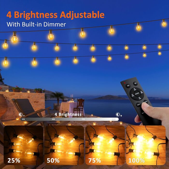 Ланцюжок прикрас для зовнішнього використання з таймером, 15 м LED-ланцюжок живлення на вулиці з 25+2 G40 лампочками, 4 режими та регульована яскравість. Водостійкий гірлянда для саду, балкону, тераси, вечірки, весілля (тепле біле світло)