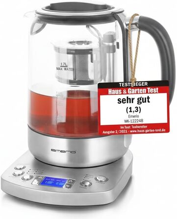 Електричний чайник Emerio WK-122248 зі скла Borosilikat, 1.7л, чорний/срібний, з автоматичним заварюванням та регулюванням температури