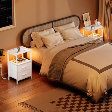 Нічний столик з LED-підсвіткою та функцією зарядки, з шухлядою, 3 розетки AC та USB, для вітальні та спальні (40T x 30B x 60H cm, Білий, 2 шт.)