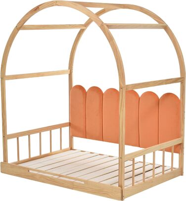 Дитяче ліжко Merax House, розсувне дерев'яне ліжко з рейковою основою, кушетка-розсувне ліжко, ліжко зі склепінчастим дахом, оксамитові подушки у формі огорожі, каркас із сосни, натуральний та помаранчевий, 140x100 / 200 см 140 x 200 см у формі натурально