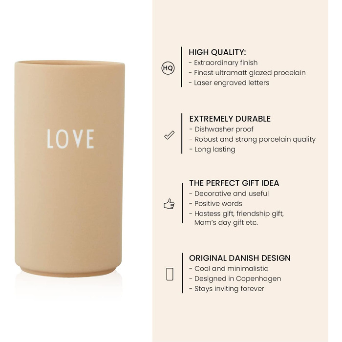 Улюблена Ваза Design Letters, любов-декоративна ваза з різними функціями в модних кольорах, аксесуари продаються окремо, можна мити в посудомийній машині, Висота 11 см x діаметр 5,5 см. (Колір беж)
