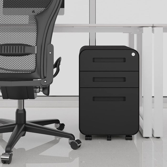Роликовий контейнер DeHong з металу, мобільний офісний шафчик з 3 висувними ящиками, офісний контейнер, з можливістю замка та регульованих папок, збірно-розбірний, для офісу, дому, чорний