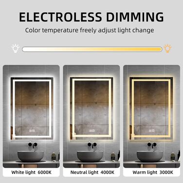 Дзеркало для ванної кімнати з підсвіткою LED, з 3 колірними температурами та функцією проти запотівання. Сенсорне керування. Підходить для готелів, вітальні, спальні.