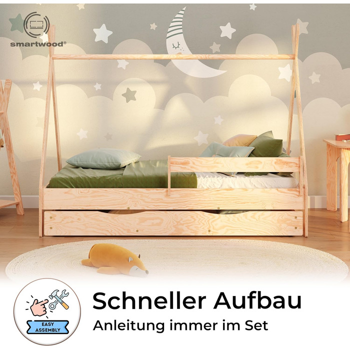 Дерев'яне ліжко-дитяча кімната Smartwood Hausbett Montessori Tipi F з сосни з сертифікатом FSC, захист від падіння, ламелі до 230 кг, для хлопчиків та дівчаток (80x160) з шухлядою