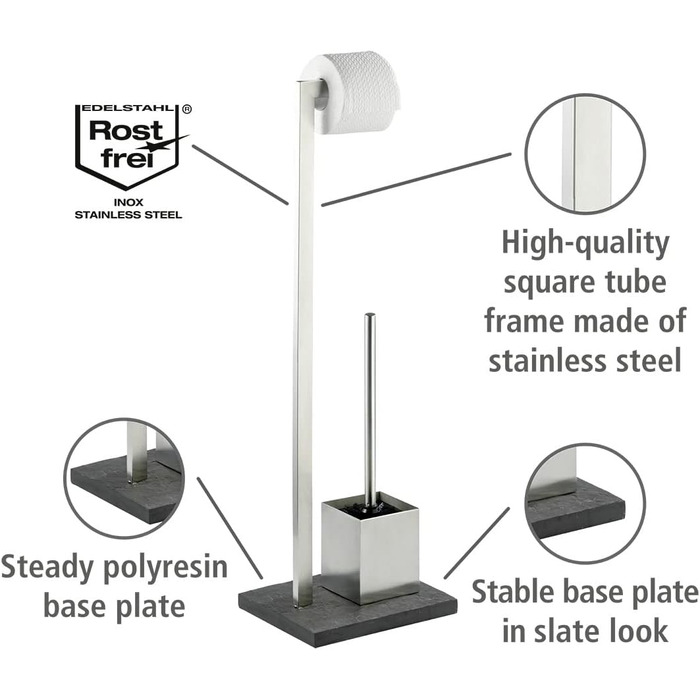 Набір для стоячого унітазу WENKO Slate-Rock, підставка для туалетного паперу та щітки, тримач туалетного рулону у вигляді сланцю, тримач рулону в комплекті зі щіткою, нержавіюча сталь, антрацит
