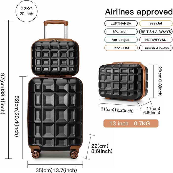 Набір валіз KONO 2 в 1: велика валіза (54 см) та косметичка (білий/чорний/коричневий)