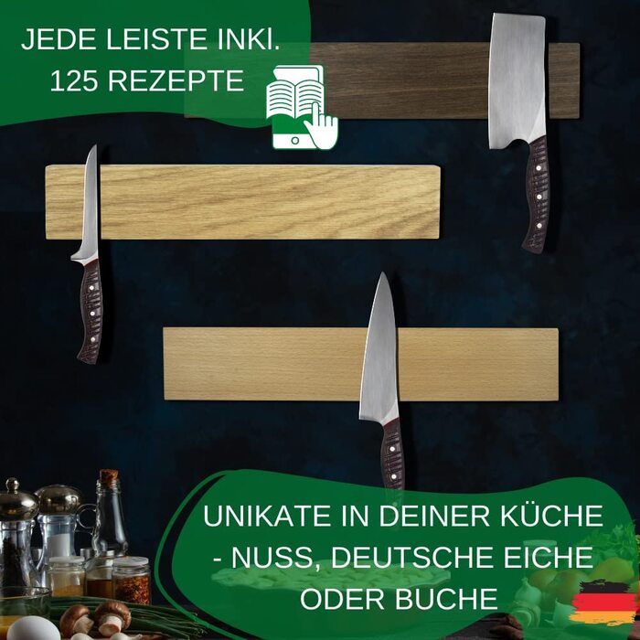 Надміцний магнітний тримач ножа, виготовлений з німецького бука, дуба або горіха | 35 х 6 см з монтажними аксесуарами (німецький бук) Thiru Premium Magnetic Strip Knife - Made in Germany