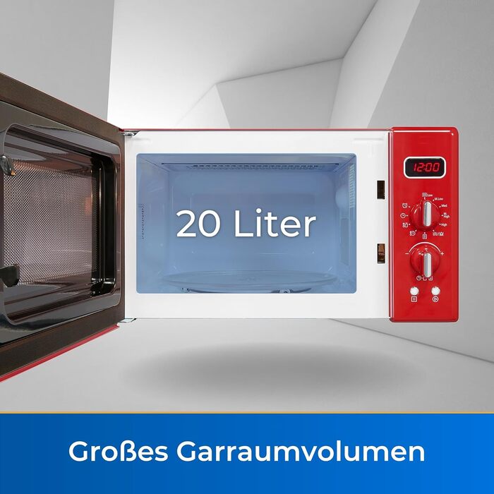 Вишукана ретро-мікрохвильова піч RMW720-3GDIG Мікрохвильова піч Ретро 20 літрів Гриль 1000 Вт Цифровий дисплей Програвач платівок Програма розморожування Мікрохвильова піч червона