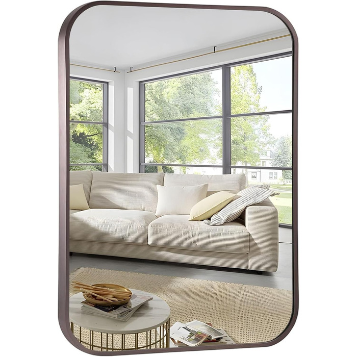 Дзеркало для ванної кімнати на стіну з округлим прямокутним дизайном та коричневим металевим каркасом. Підходить для ванної, передпокою, вітальні, спальні. Вертикальна або горизонтальна орієнтація. Розміри: 91.4 x 61 см, колір: брашований титан.
