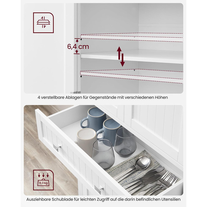 Шафа кухонна VASAGLE, висока, буфет-вітрина, з регульованими полицями, з ящиками, для кухні/вітальні, 40 x 76 x 182,1 см, білий BBC561W21