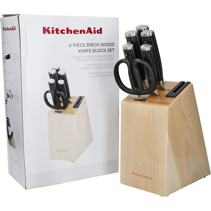 Набір кухонних ножів KitchenAid Gourmet: 5 ножів, ножиці, точилка, чорні ручки, японська сталь