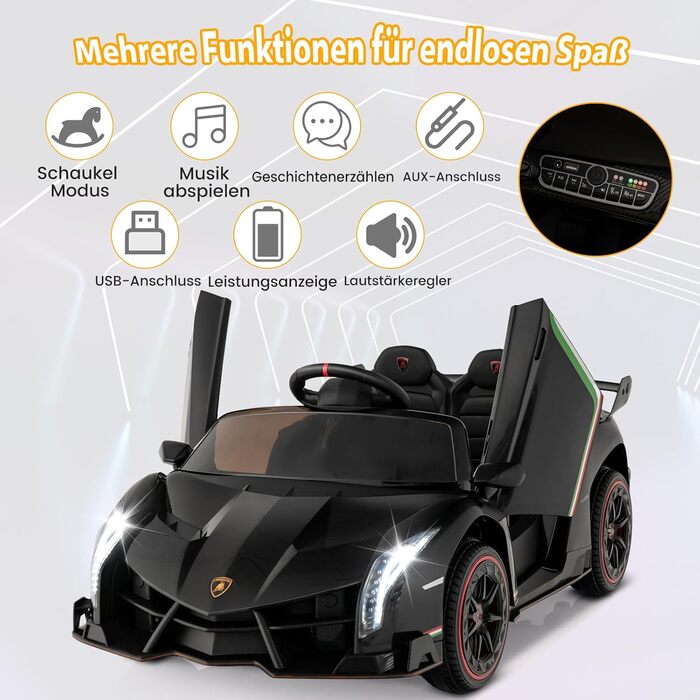 Дитячий електромобіль Lamborghini COSTWAY з пультом, LED фарами, музикою, для дітей від 3 років, чорний
