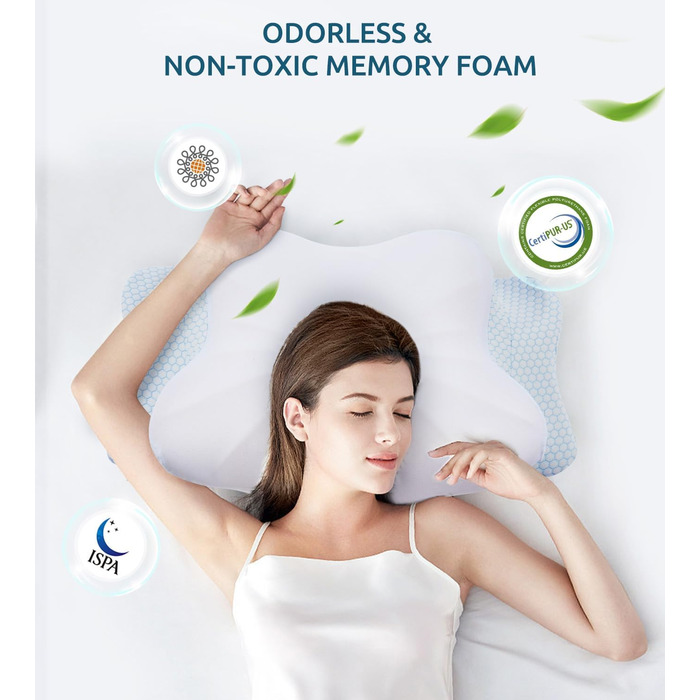 Подушка для шиї, подушка з піною з пам'яті, ергономічна подушка для шиї, подушка для тих, хто спить на боці, на спині та животі, сіро-білий колір (блакитний), 70 x 42 x 14 см