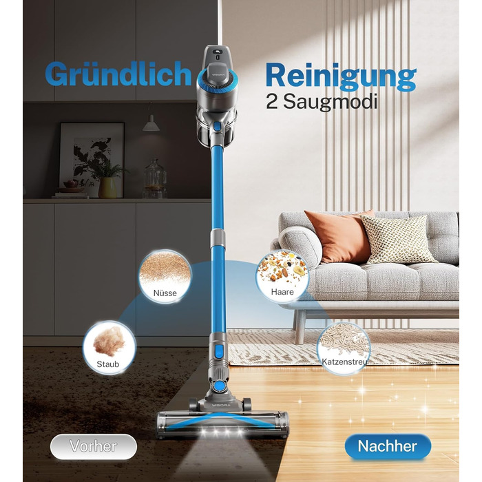 Бездротовий акумуляторний пилосос для дому, 25000Pa, 175W, 50 хвилин роботи, антизаплутана щітка, самостійна парковка, легкий, для килимів, твердих поверхонь, шерсті тварин (блакитний)