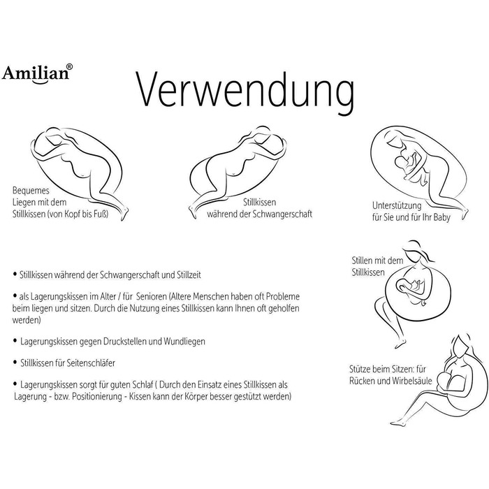 Подушка для годування Amilian 170 см позиціонування, подушка для вагітних і сну на боці, включаючи чохол, сіра зірка